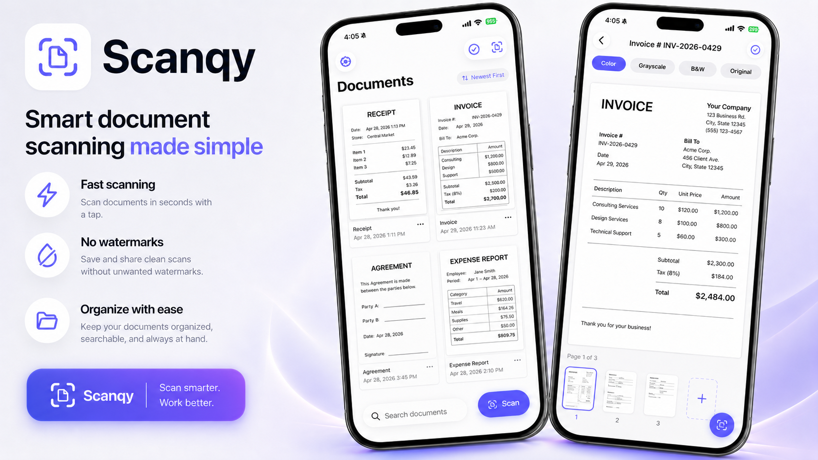 Scanqy app on iPhone — Documents library and Invoice detail screens